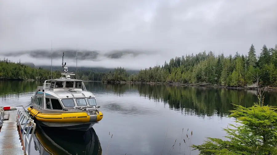 The Naiad Explorer rests at the dock on a misty morning, forested hills behind.